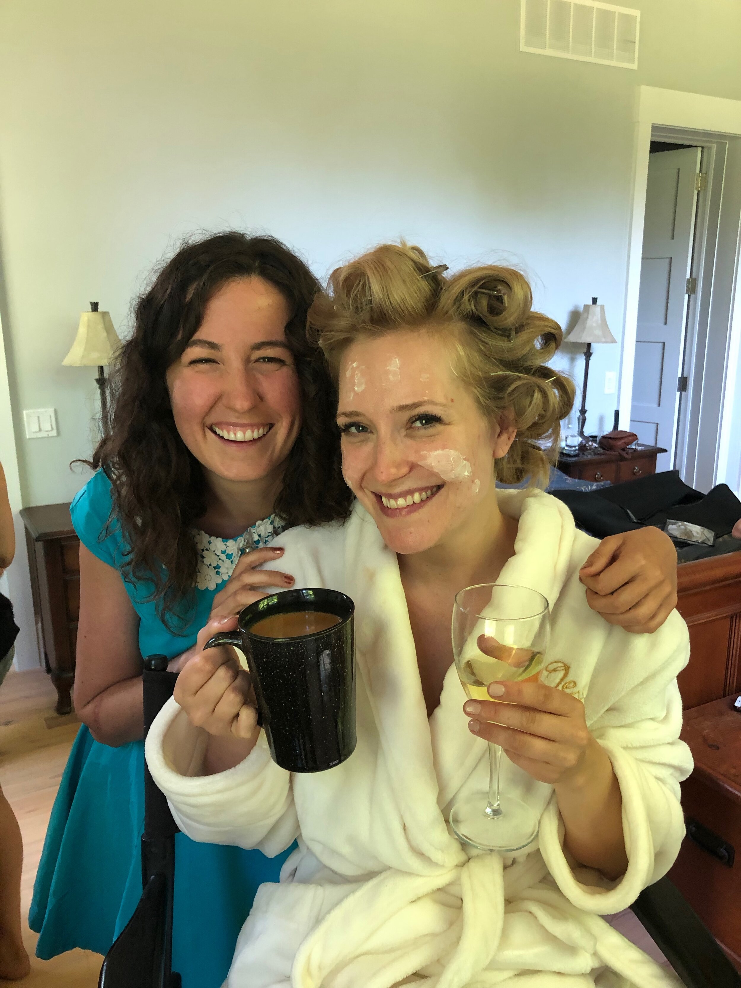 Champagne, coffee and curlers, aka bridal breakfast!